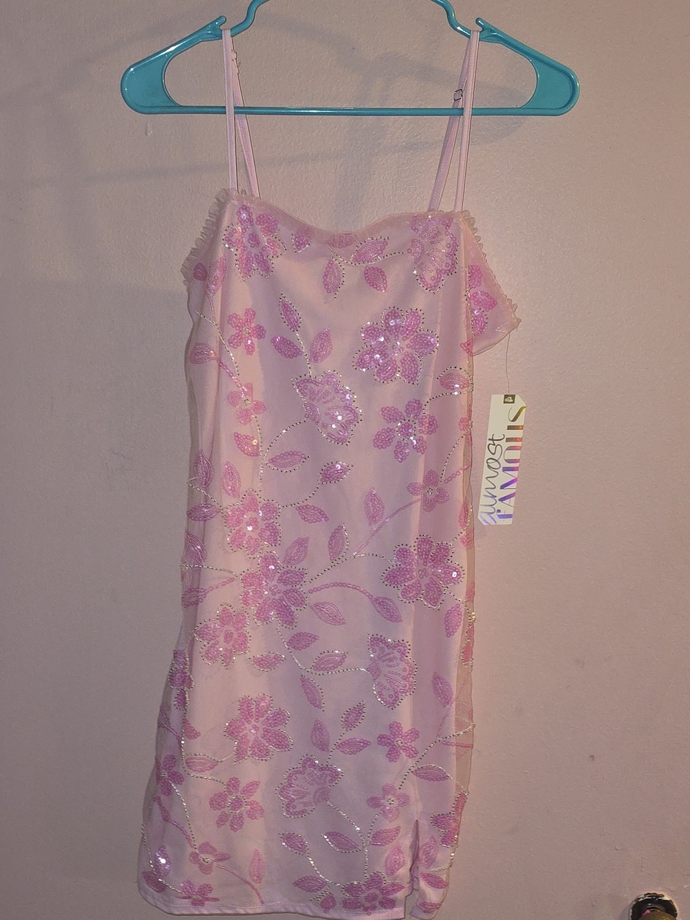 NWT Almost Famous Pink Floral Sequin Cami Mini Dress Size M